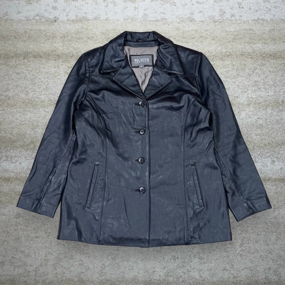 Vintage 90s Wilsons Genuine Leather Jacket Womens L Jet Black
